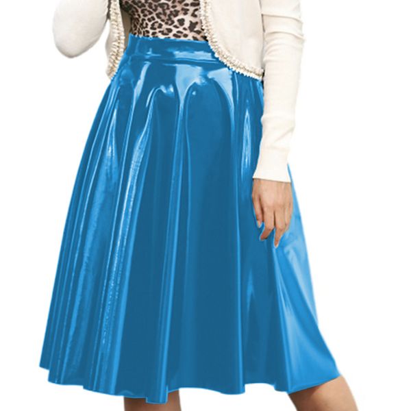 Плюс размер озеро синий цвет мода a-line плиссированные юбка дамы wetlook pvc длина колена kne all match с высокой талией юбка