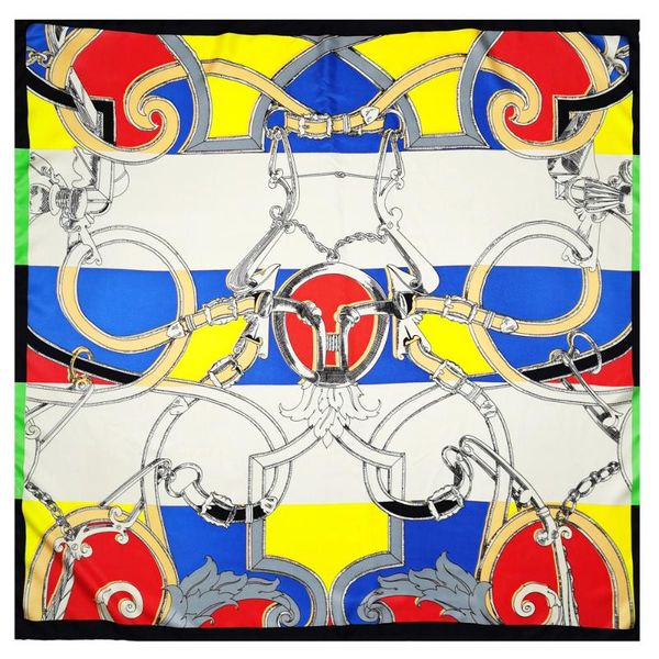 

scarves pobing manual hand rolled twill silk scarf women chain print square echarpes foulards femme wrap bandana hijab 90cm, Blue;gray