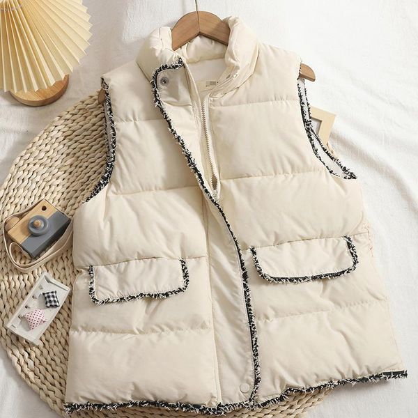 

women's vests elegant frayed waistcoat vest jacketsleeveless stand-up collar cotton down coat 2021 autumn zipper jackets for women, Black;white
