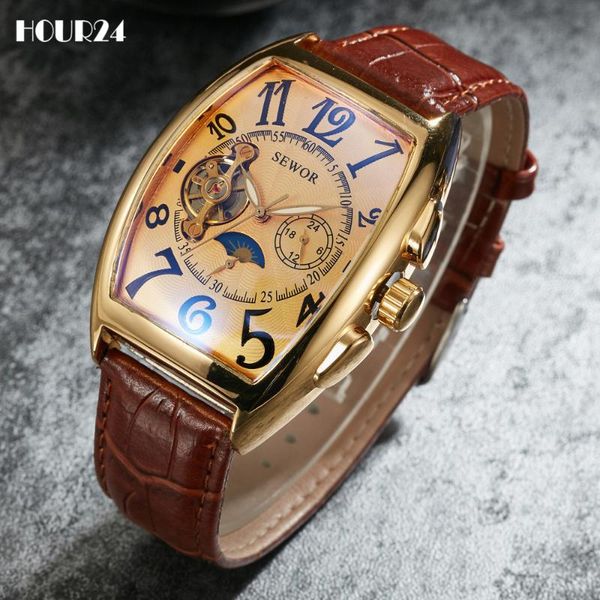 

wristwatches classic men's automatic mechanical wrist watches for men casual vintage luxury tourbillon clock tonneau shaped case leathe, Slivery;brown