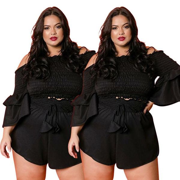 

plus size tracksuits 4xl two piece sets night club outfits off shoulder + shorts beach matching, Black