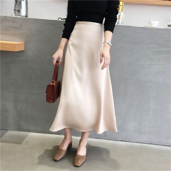 

women elegant ol skirt ladies glossy satin skirt plain shiny fashion party office skirts solid high waist skirts 210412, Black