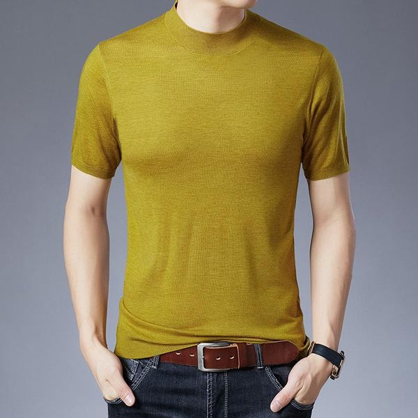 

men's wool t-shirt knit short sleeves male solid color half high collar sweater pullover t shirt slim knitted tees sweaters, White;black