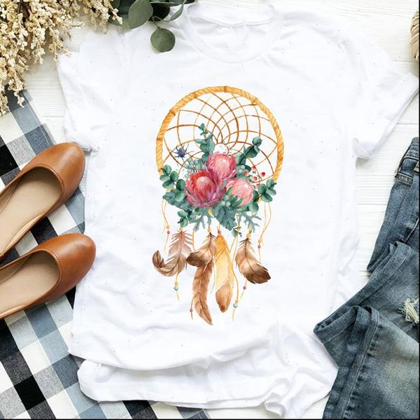 

feather vintage 90s printing clothing womens t shirts floral print tee clothes graphic, White