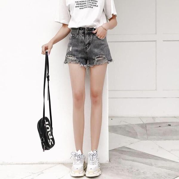 

women's shorts women high waist ripped hole washed jean summer casual streetwear loose large size wide-leg fashion, White;black