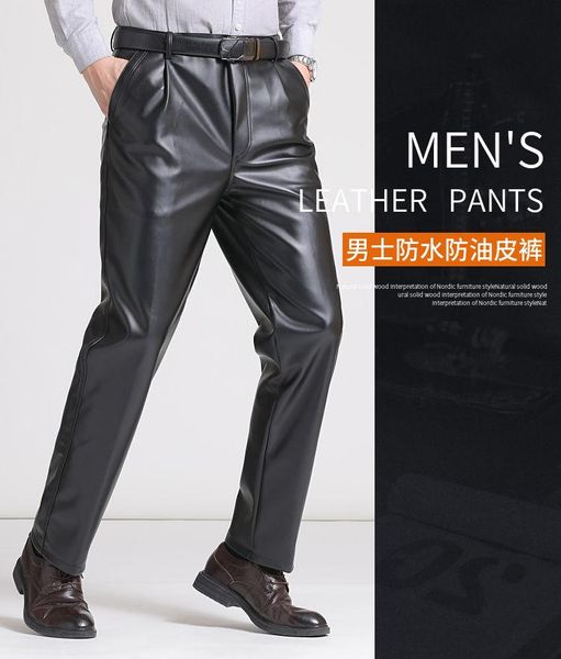 

men's pants winter men leather skinny elastic fashion pu fleece padded trousers motorcycle pant thick high waist streetwear, Black