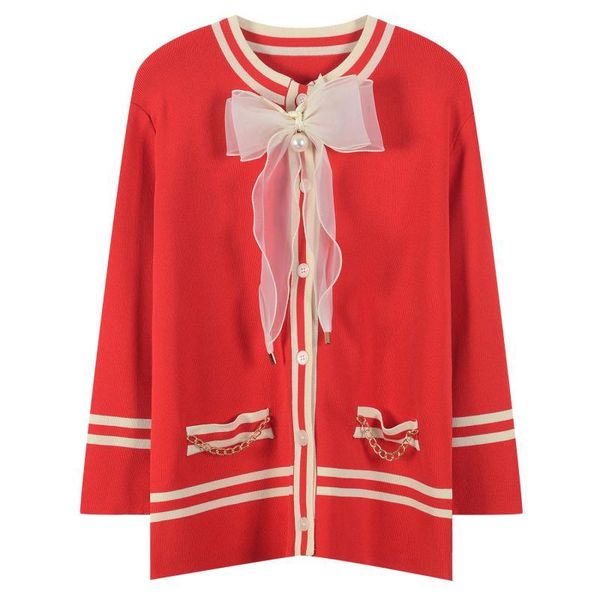 

women's knits & tees 2021 spring fashion sweater ladies knit high street long-sleeved chain bow tie single-breasted cardigan, White