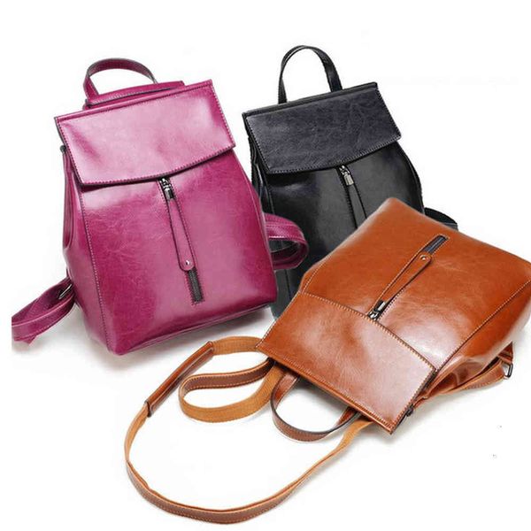 

2021 women's bag fashion leather backpack oil wax cow schoolbag guangzhou