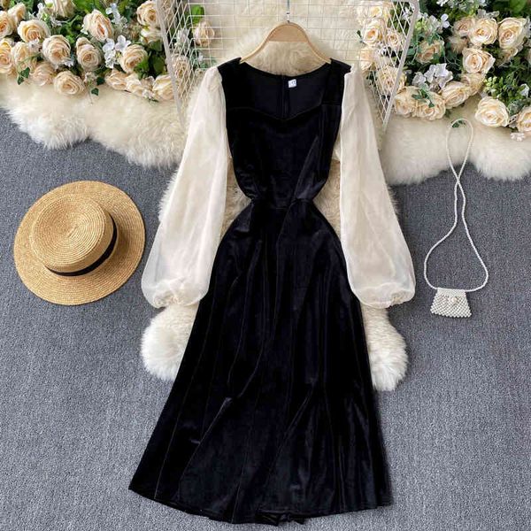 

autumn winter women's vintage patchwork velvet midi dress female elegant v-neck puff sleeve high waist vestidos 210426, Black;gray