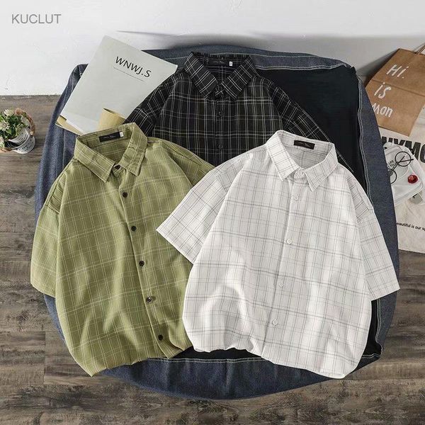 

plaid shirt men's design summer ruffian short sleeve trend casual thin coat dress shirts, White;black
