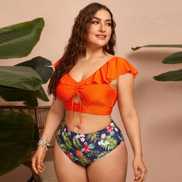

women's swimwear plus size two-pieces bikini suit ruffles wom split type ruched tummy control bathing straight collar tankini set, White;black