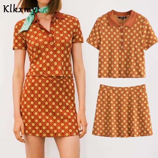

klkxmyt za women sets knitted skirt suits geometric print shirt set woman 2 pieces summer high waisted mini skirts outfits 210527, White