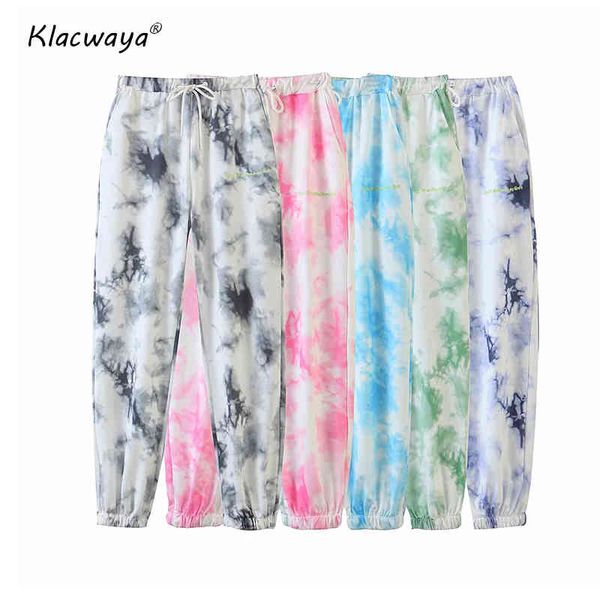 

women vintage ink dyed pink painting jogging pants chic female elastic waist casual blue pantalones mujer bow trousers 210521, Black;white