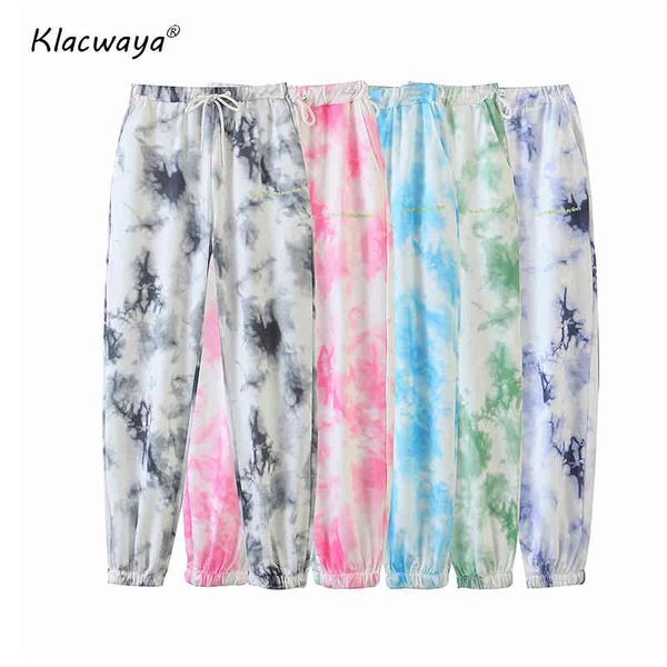 Mulheres vintage tinta tingida cor-de-rosa pintura movimentando calças chique fêmea elástica elástica casual azul pantalones mujer calça de arco 210521