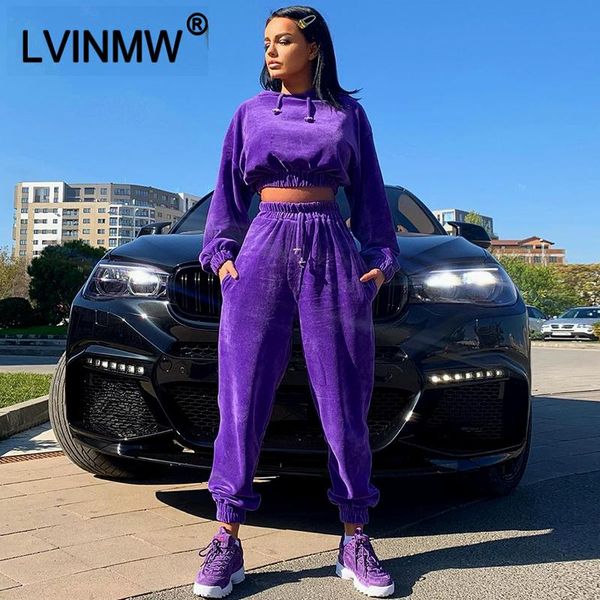 

two piece dress lvinmw fashion velvet streetwear 2 set casual long sleeve ruched hoodie high waist lace up bow trousers female winter sets, White