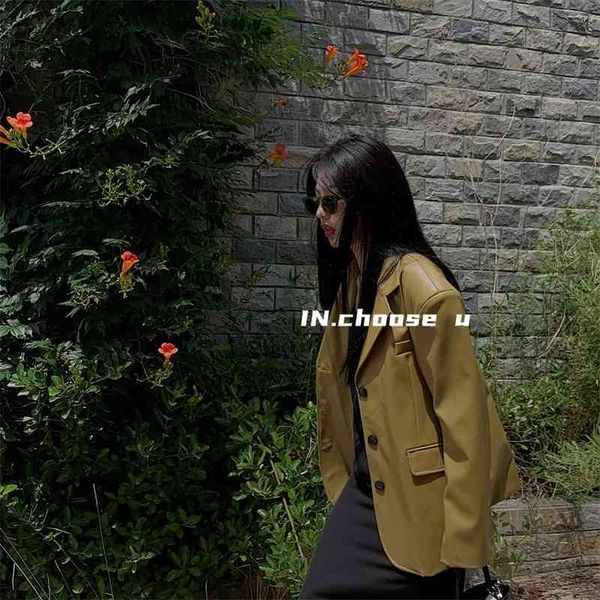 

in.choose u imitation leather single breasted long sleeved 2021 autumn and winter temperament commuter loose leather women, Black