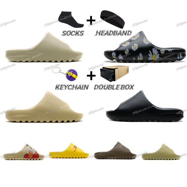 

with box mens womens slipper sandals beach slides slippers foam runner trainers earth brown desert sand triple black bone desert sand resin