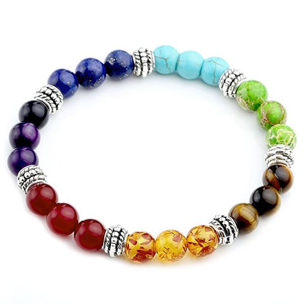 

kimter fashion colorful hand made 7 chakra healing balance bracelet 8 mm stone beads bangle for men women q81fz, Golden;silver