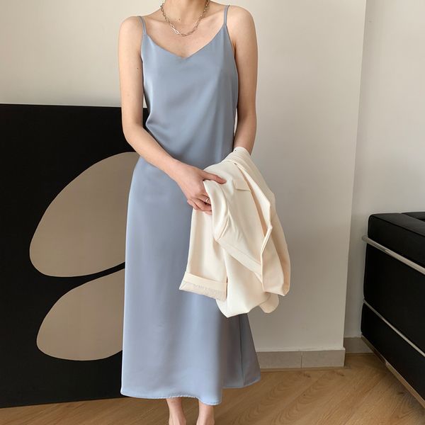 

women's knits & tees satin spaghetti strap dress v neck sleeveless solid suspender elegant female fashion maxi y33l, White