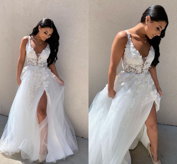 

2022 country high slit aline wedding dress bridal gown v neck see through 3d floral flowers lace applique tulle backless court train recepti, White