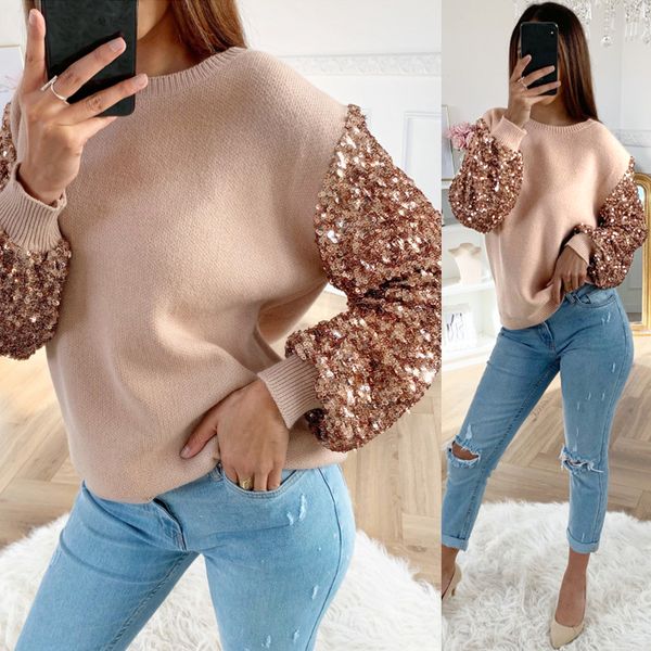 

sale women sweater lantern long sleeve sequins bling lady pullover sweater korean slim knit slim sweater female knitwear d30, White;black