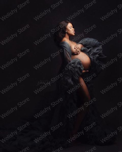 

women's blouses & shirts 2021dark gray extra puffy ruffled sleeves long robes tulle maternity women outfits party dress floor length o, White