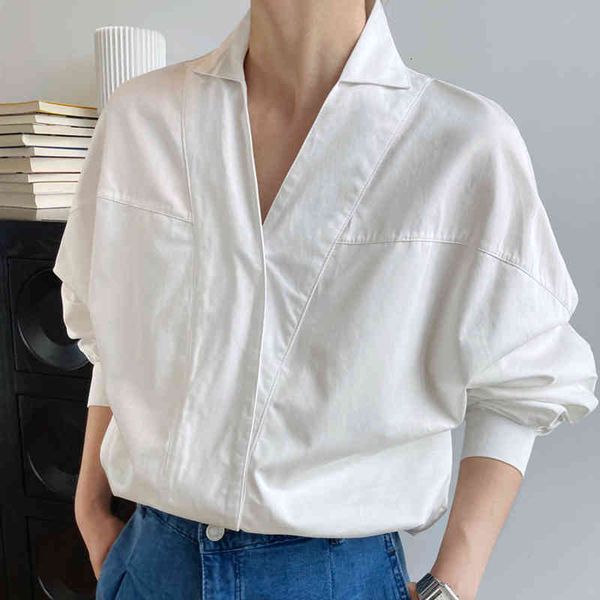 

women's blouses & shirts [ewq] korea chic autumn casual trend women v-neck pullover solid color blouse fashion loose bat sleeve shirt 1, White