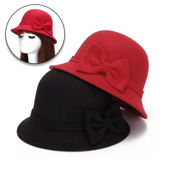 

stingy brim hats solid wool felt dome fedoras vintage bow bucket hat ladies autumn winter cap wholesale cotton blended elegant women, Blue;gray