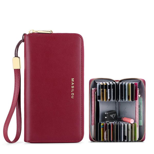 

female clutch bag long zipper genuine leather wallets woman anti theft business holder wallet for women purse, Red;black