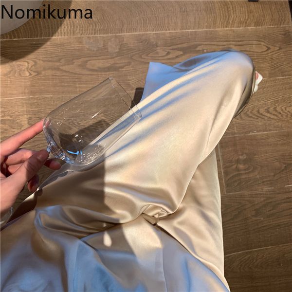 

nomikuma satin wide leg pants women unicolor stretch high waist loose trousers korean style casual straight pantalones femme 210514, Black;white