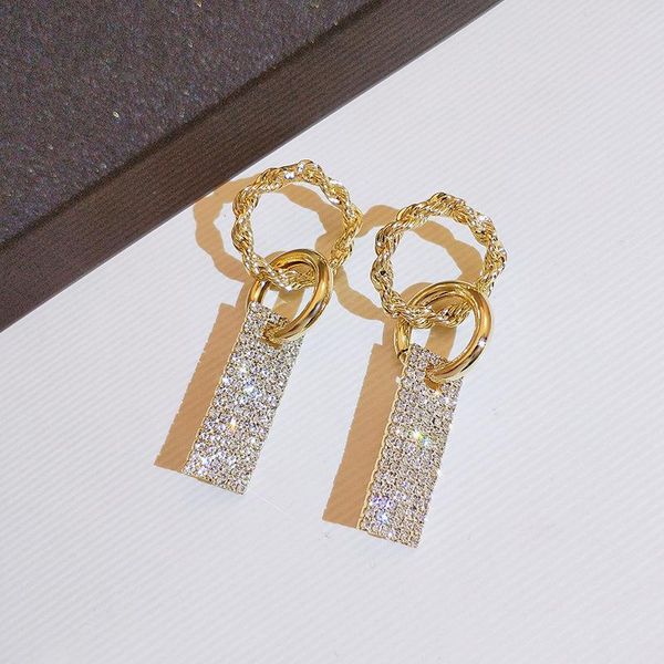 

hoop & huggie lovoacc trendy full rhinestone earrings for women office lady rectangle geometric twist rope hanging korea jewelry, Golden;silver