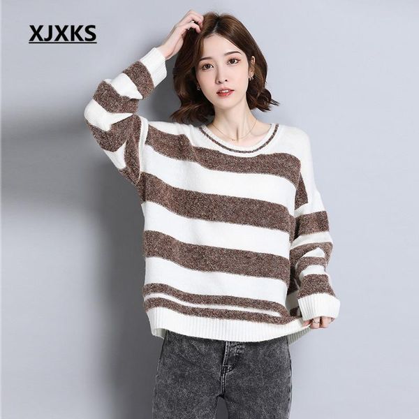 

round neck long-sleeved loose plus size women sweater 2021 autumn winter wool knitted striped pullover women's sweaters, White;black