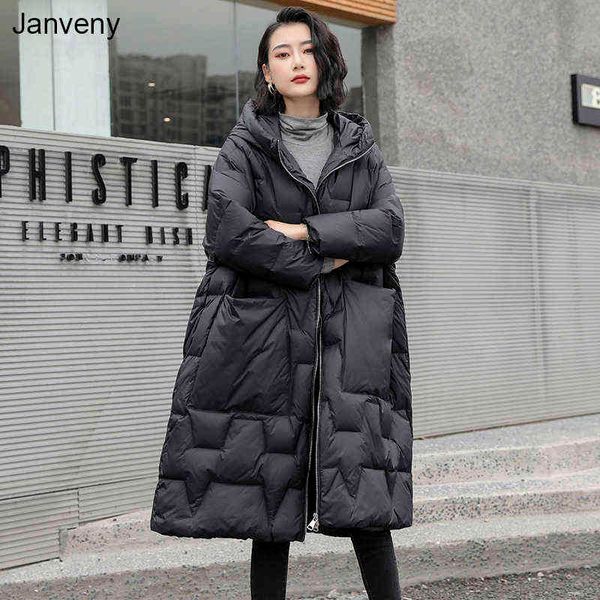 

janveny winter down jacket women hooded loose thick 90% duck down coat long casual parkas female zipper pocket snow outwear 211130, Black