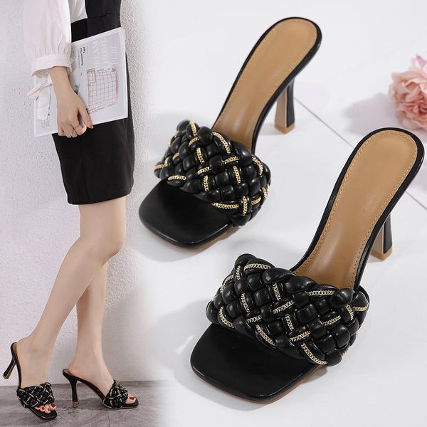 

slippers rivet shoes square toe ladies' low slipers women 2021 rubber rome hoof heels basic metal decoration fabric slides pu, Black