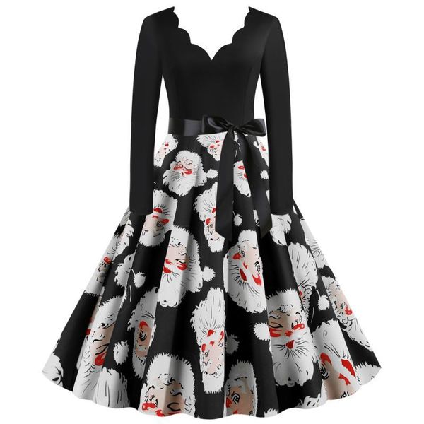 

casual dresses spring fall winter christmas santa claus print v neck bow ribbon long sleeve women ladies party short skater dress, Black;gray