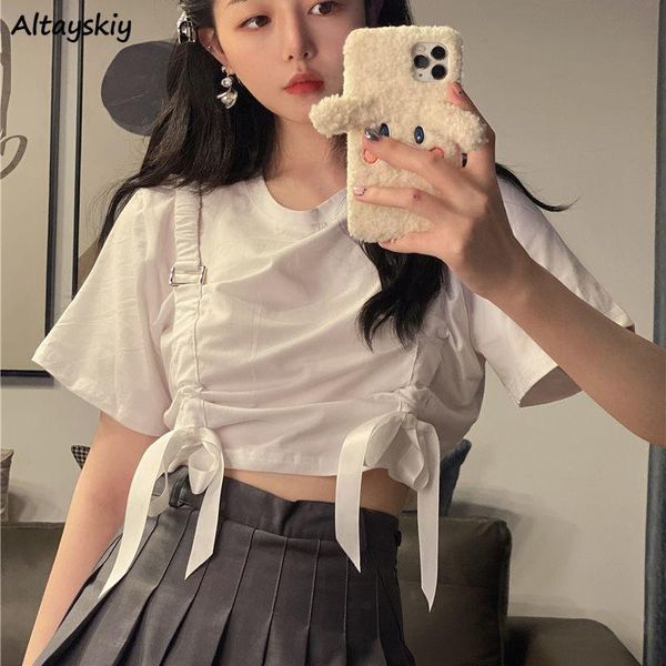 

women's t-shirt t-shirts women solid fashionable chic bow cropped stylish skinny short sleeve feminino clothing casual summer korean st, White