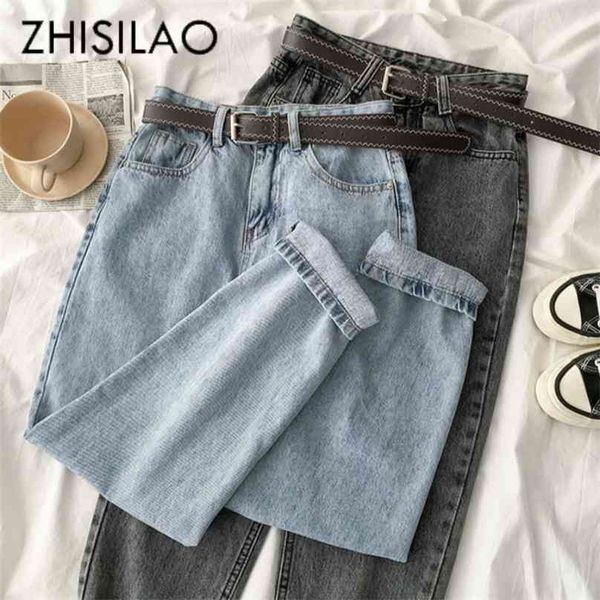 

vintage straight high waist jeans women boyfriend mom street denim with belt loose plus size mujer retro 210922, Blue