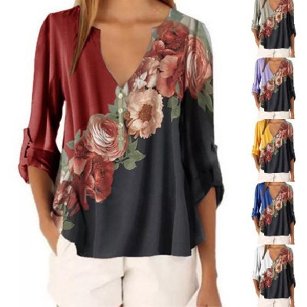 

women's blouses & shirts 2021 autumn winter v-neck floral print loose long-sleeved pullover shirt chiffon, White