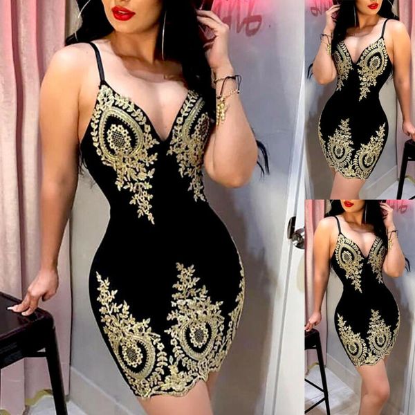 

2021 women's slim print fashion sling lace strappy ladies evening party mini short dress size s-xl v neck, Black;gray