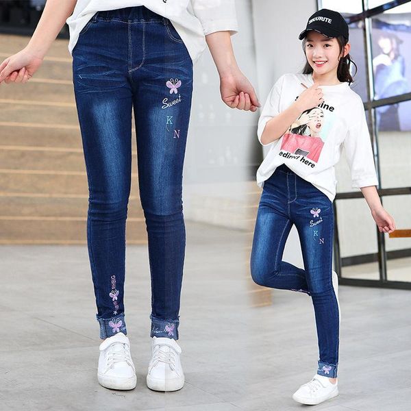 

jeans girls 2021 spring autumn letter pattern casual elastic waist pants stretch children slim pencil g, Blue