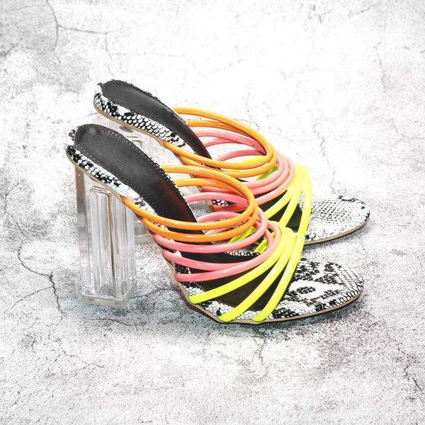 

slippers fashion colorful sandals slides crystal clear square high heeled slip on narrow band pumps for woman shoe, Black