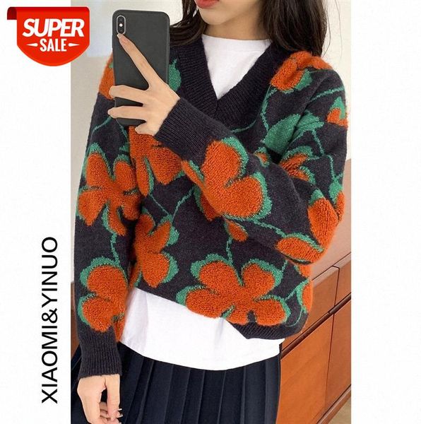 

[ou fan] 7762 flower v-neck thick pullover sweater female korean version long-sleeved outer knit #9k6v, Black;gray