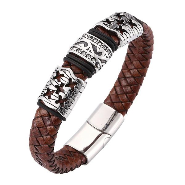 

charm bracelets vintage male jewelry brown braided leather bracelet with zircon stainless steel magnetic clasp men wristband punk bangles sp, Golden;silver
