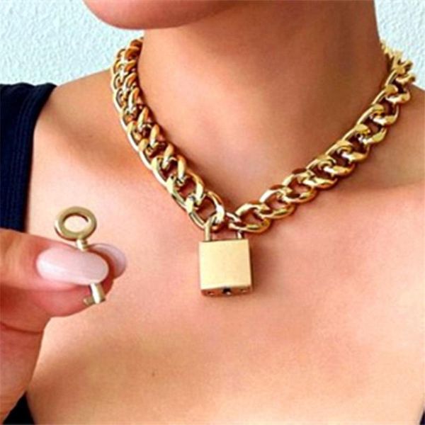 

pendant necklaces gothtic gold lock chunky chain necklace for women men big unlockable key exaggerated jewelry, Silver