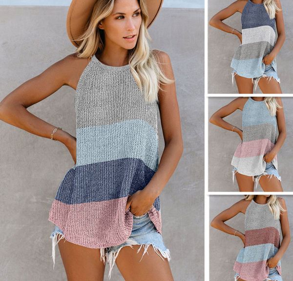 

t-shirt t-shirt 2021 summer new color contrast knitted vest women's round neck sleeveless top, White