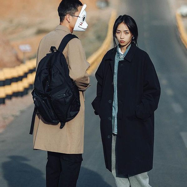 

men's trench coats 2021 autumn korean fashion double breasted windbreaker middle long loose handsome couples coat, Tan;black