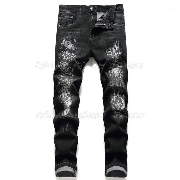 

men's male street fashion casual stretch jeans mens black ripped letter print slim fit denim pants trousers, Blue