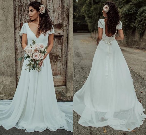 

vintage boho country wedding dresses bridal gown 2021 short sleeves deep v neck chiffon sweep train ribbon sash custom made vestidos, White
