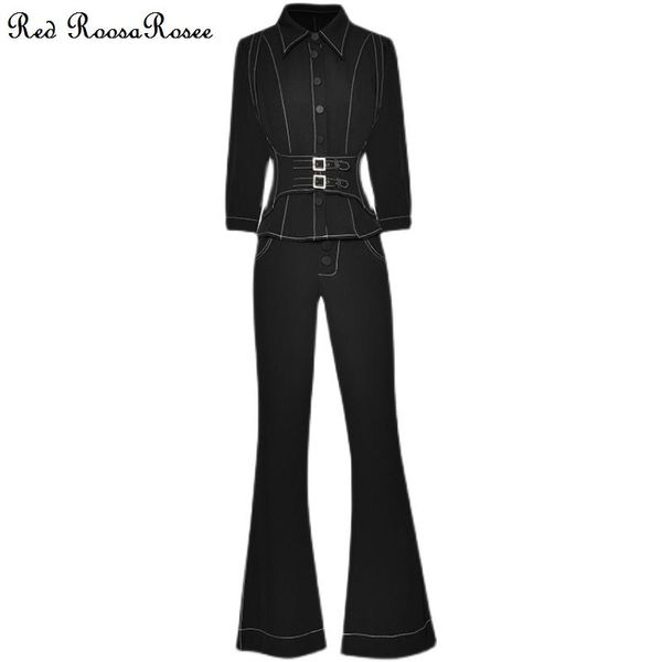 

women's two piece pants red roosarosee fashion spring autumn women turn-down collar half sleeve slim blouse + long flare twinset suits, White