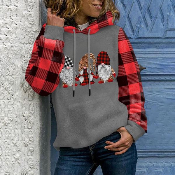 

women's hoodies & sweatshirts funny santa claus christmas printed plaid stitching sweatshirt hoodie with pockets patchwork, Black